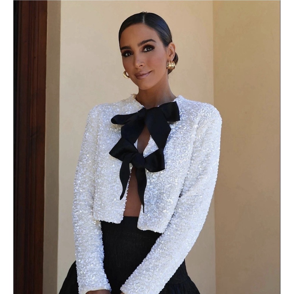 H&M Limited Edition Bow Tie Front Or Back White Sequin Short Jacket NWOT Sz L